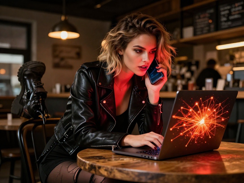 Молодая женщина за ноутбуком в кофейне управляет стейкингом TRON, на экране видны потоки энергии сети